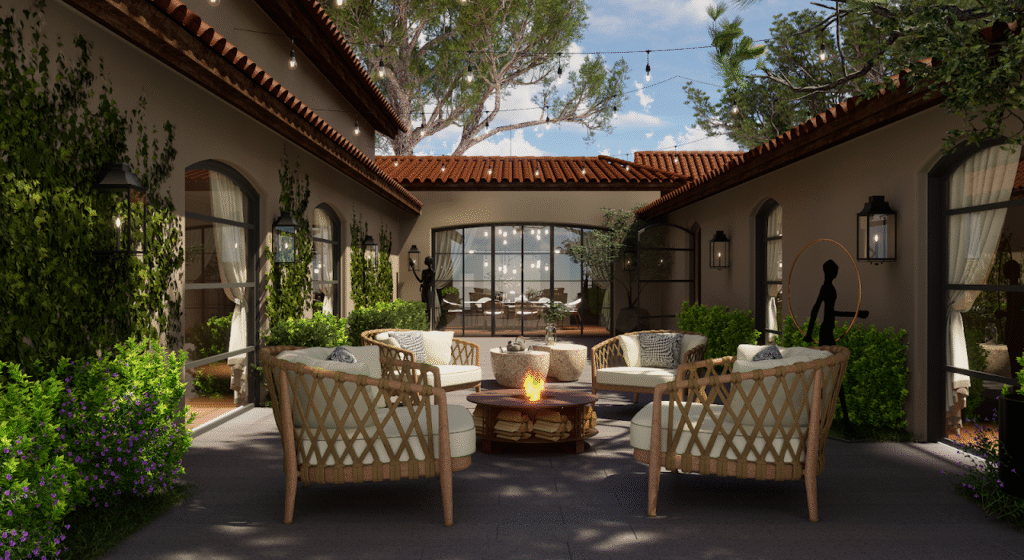 3D architectural rendering of cozy courtyard with firepit