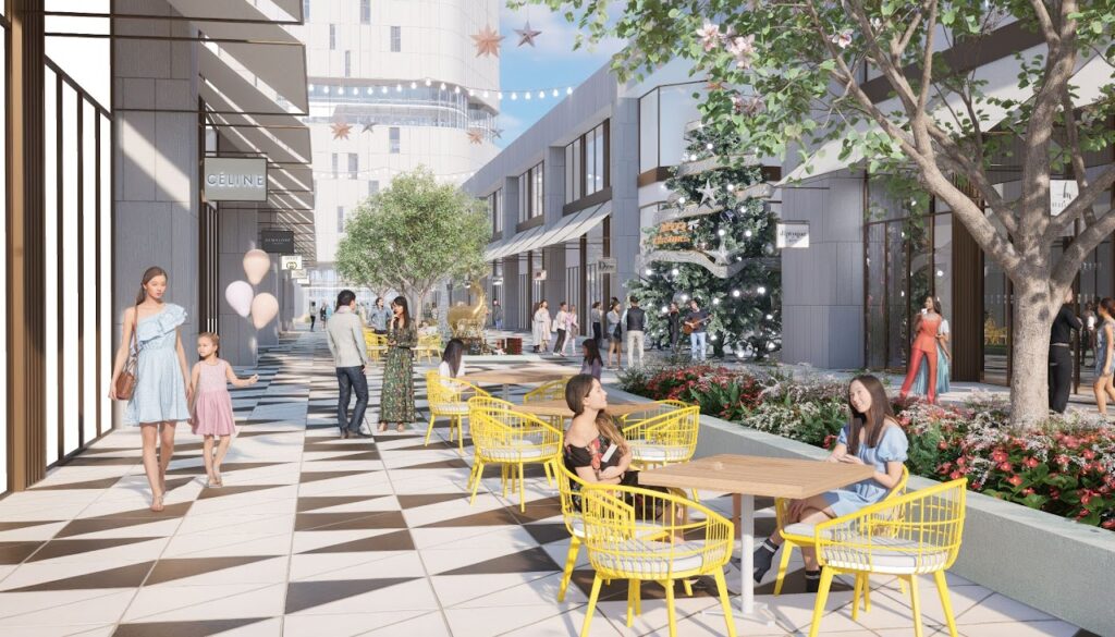 3D rendering of modern outdoor retail promenade with people, string lights, and festive landscaping