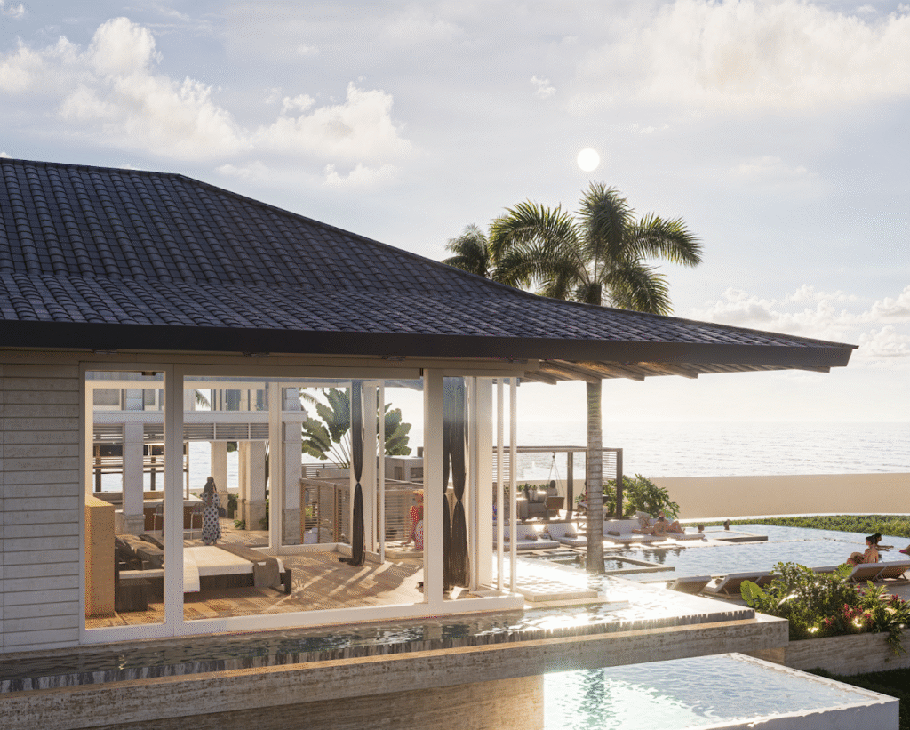 Beachfront pavilion visualized through our exterior rendering services with tropical landscaping and luxurious poolside design.