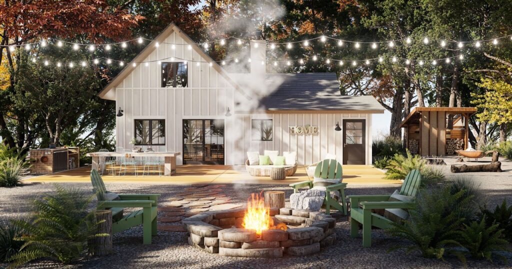 Rustic cottage exterior rendering with backyard firepit, patio lighting, and woodland setting