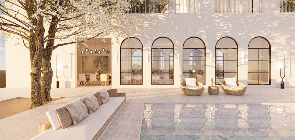 3D rendering of Mediterranean villa exterior with arched windows, courtyard pool, and soft ambient lighting