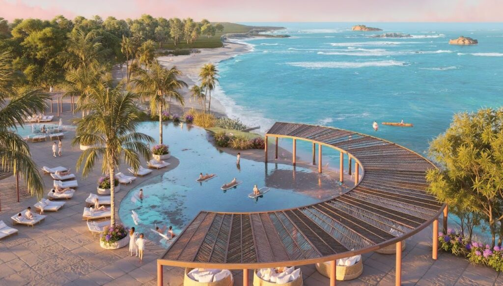 3D landscape rendering of luxury resort with infinity pool and ocean view