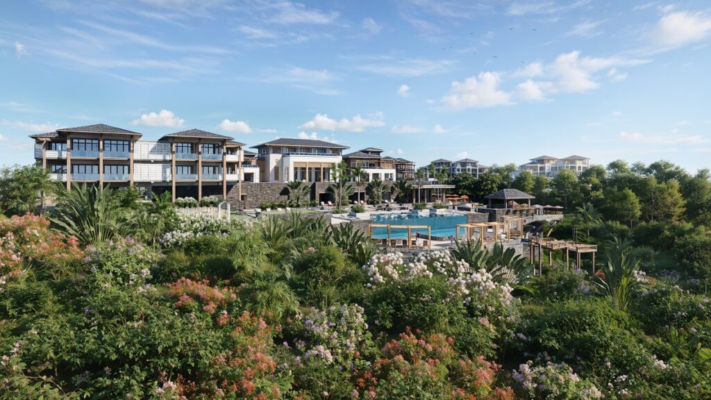 3D landscape rendering of tropical resort with lush plants and pool