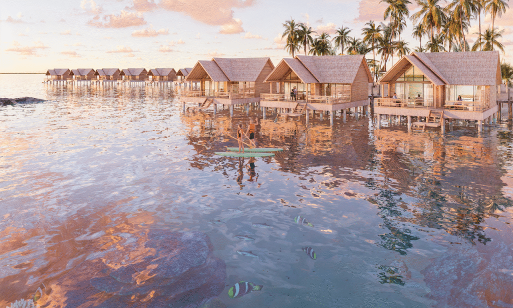 Photoreal 3D rendering of tropical bungalows over water with sunset lighting