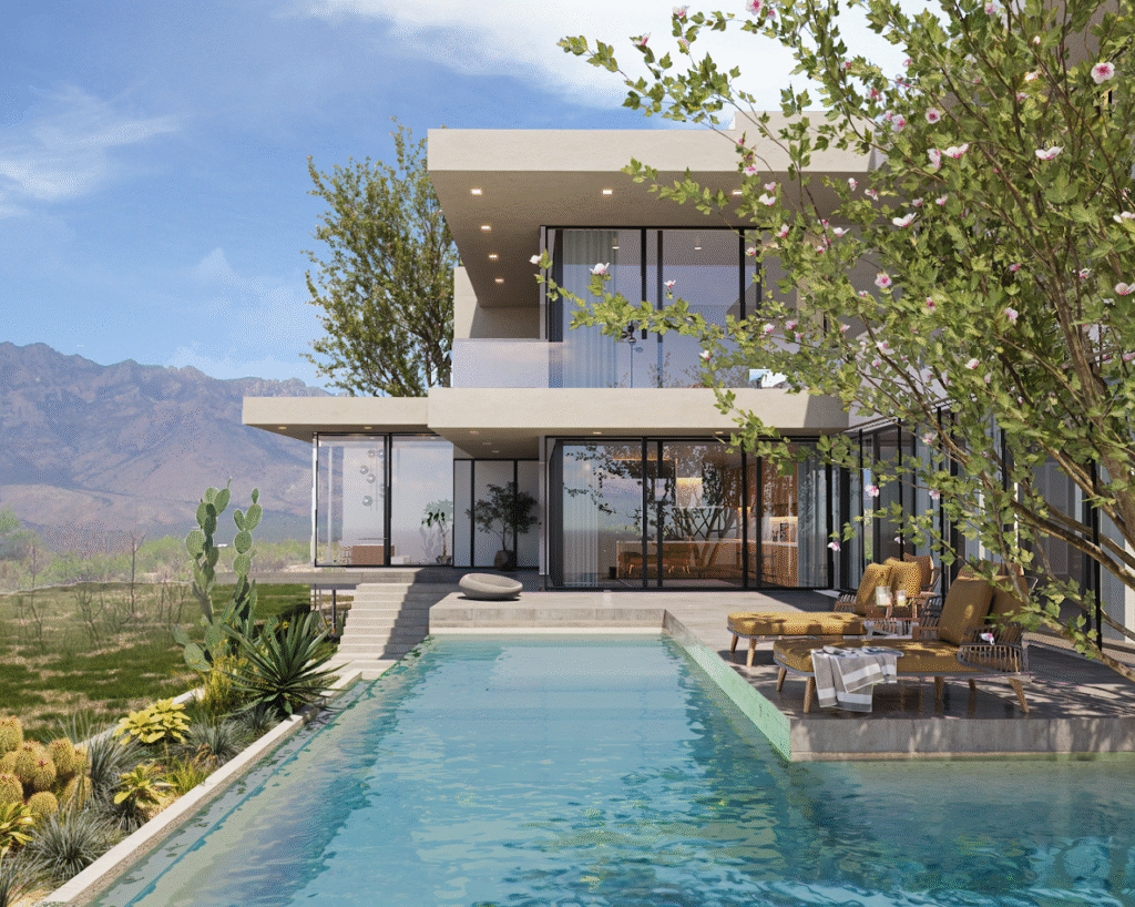 3D rendering of modern villa landscape with desert vegetation and pool