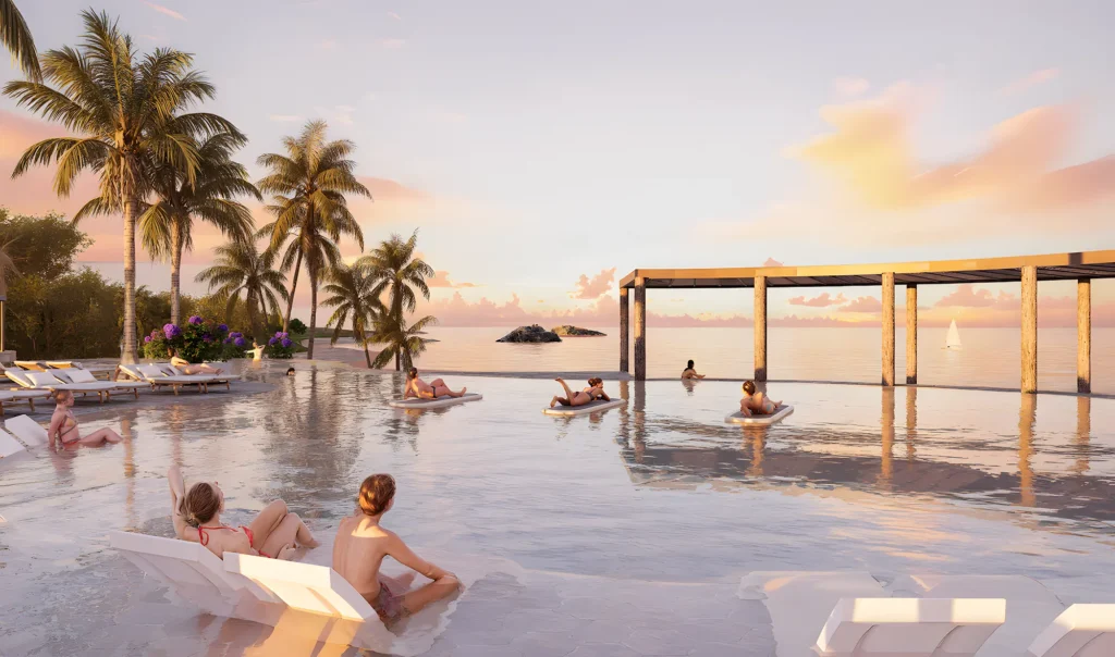 3D landscape rendering services Luxury beachfront landscape rendering with infinity pool