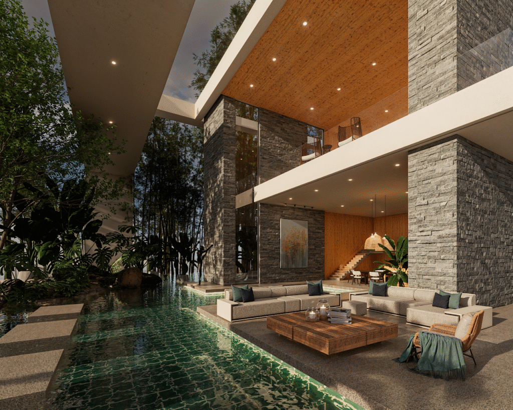 3D Interior Rendering Services showcasing a modern villa with indoor pool