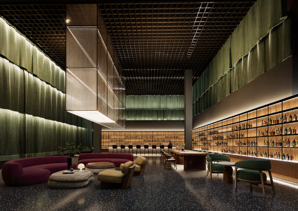 contemporary 3D bar interior rendering with high ceiling and elegant lighting