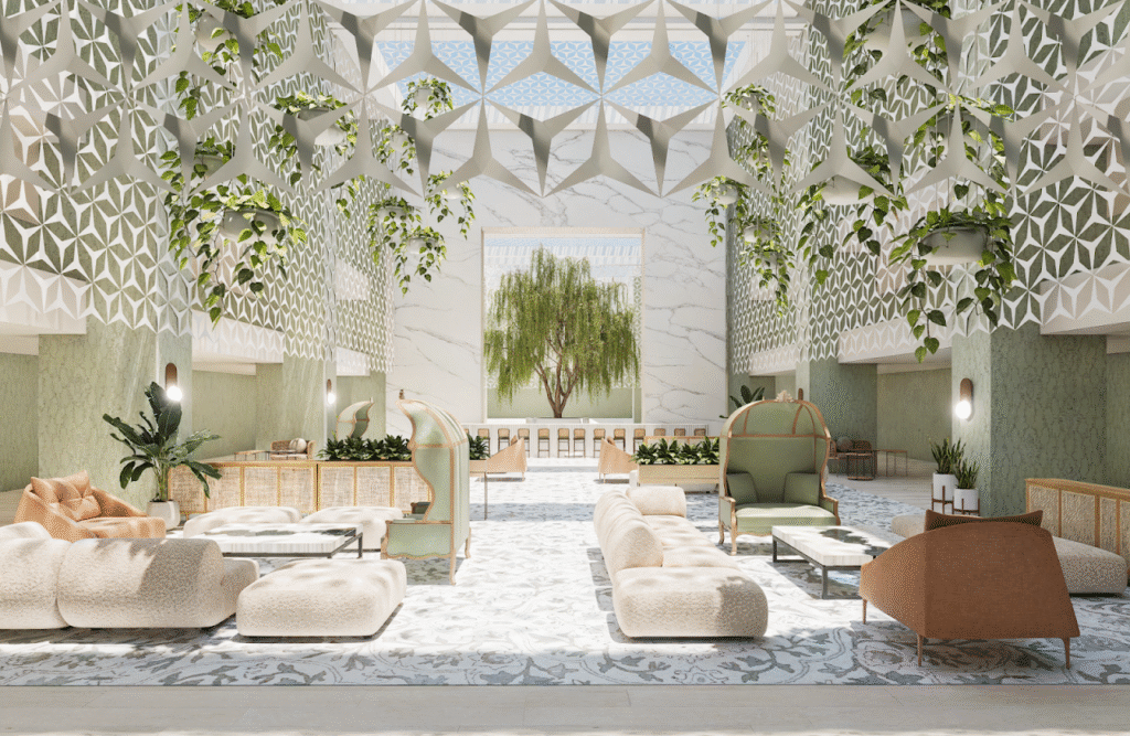 3D interior visualization of bright and airy hotel lobby with geometric ceiling and greenery